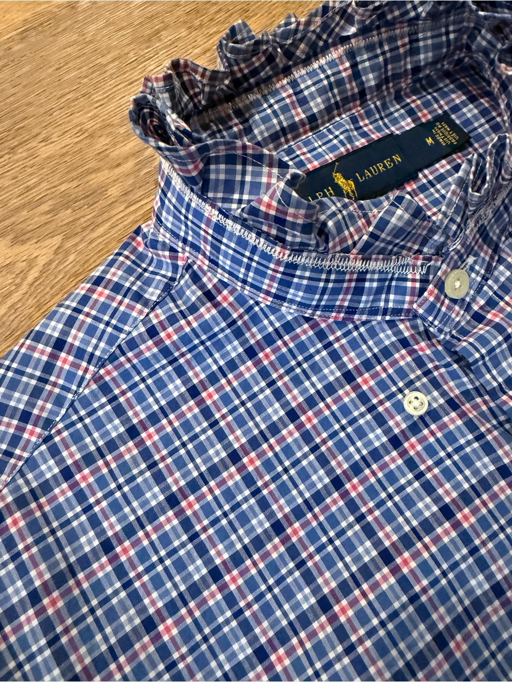 Ralph Lauren Blue and Pink Plaid Ruffle-Collar Button Shirt - Picture 3 of 4